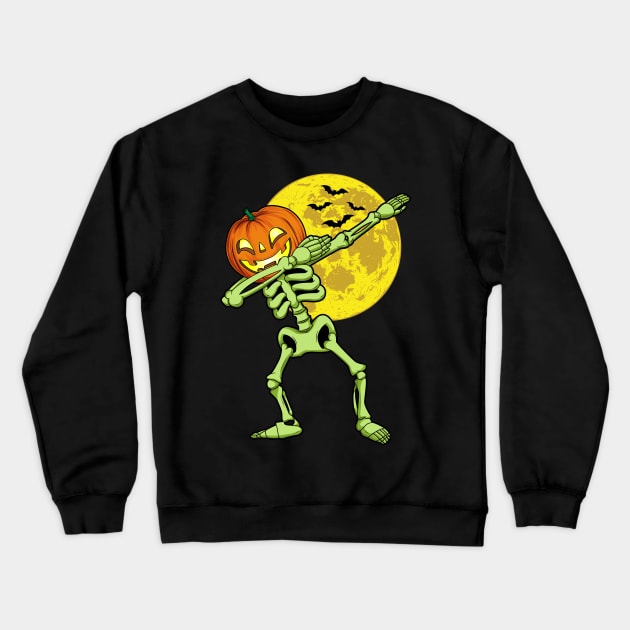 Dabbing Skeleton Pumpkin Head Halloween Costume Crewneck Sweatshirt by HCMGift